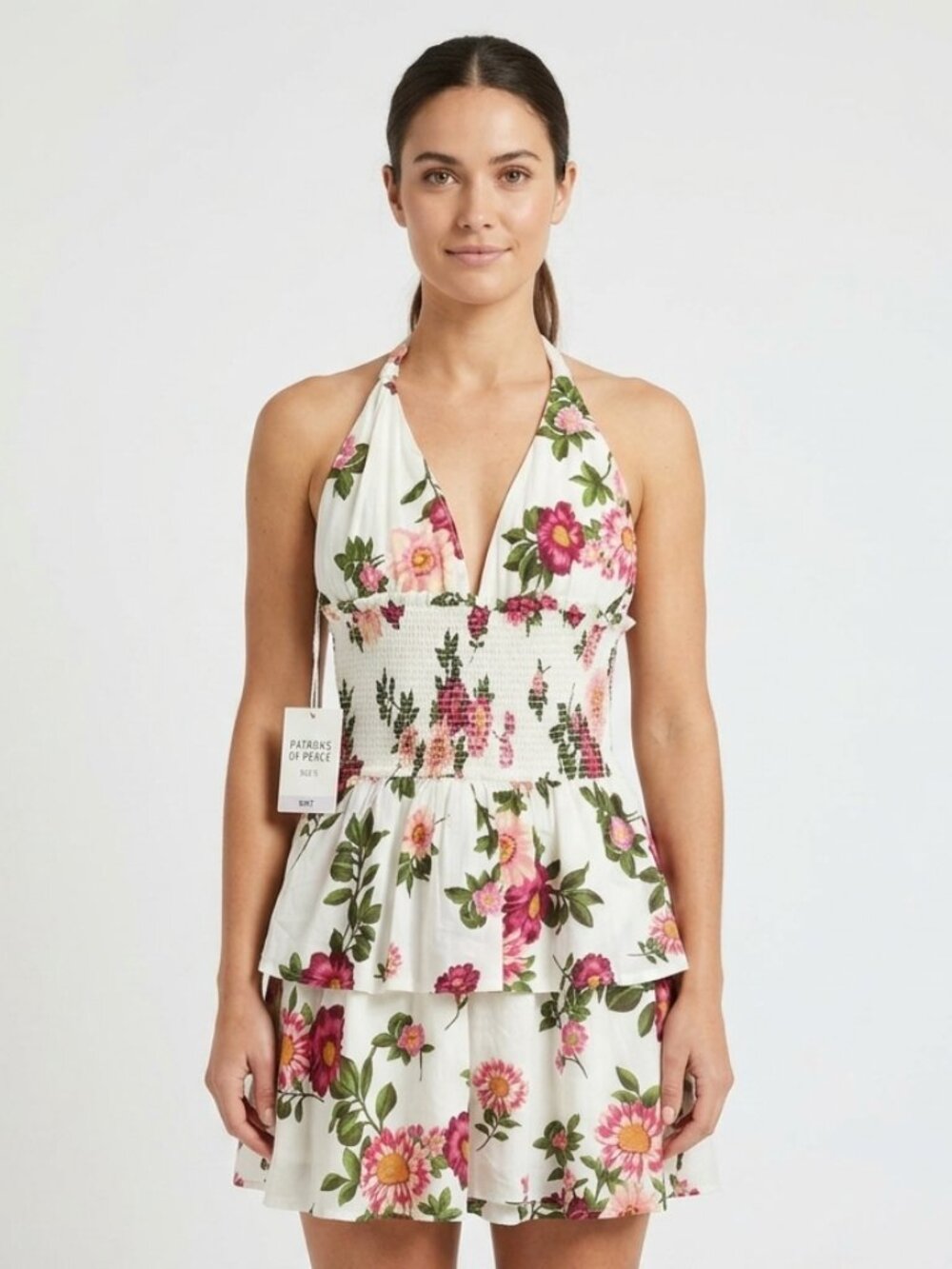 PATRONS OF PEACE Floral Tiered Ruffle Halter Mini Dress, SIZE MEDIUM